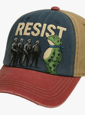 新款青蛙Resists水洗棉帽子四季男做旧老爹帽复古印花软顶棒球帽
