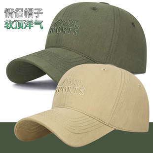 新款春情侣帽子竹节棉帽山峰复古军绿色运动软顶可调节街头棒球帽