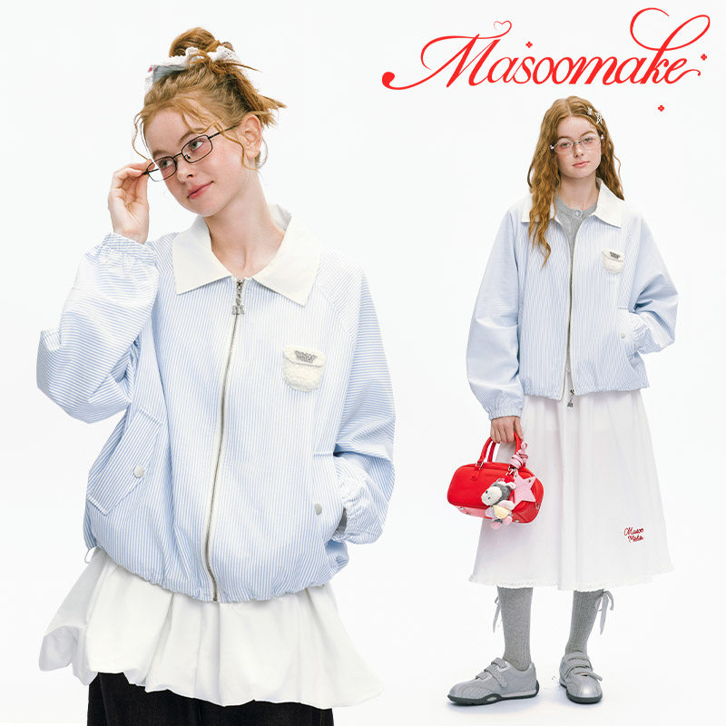 MASOOMAKE春季蓝色条纹百搭夹克外套2026年新款宽松小个子上衣女