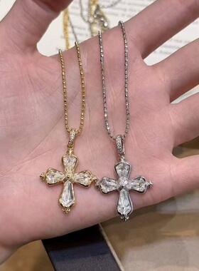 S925纯银十字架碳钻锆石超闪轻奢高端小众级设计感复古锁骨颈链潮