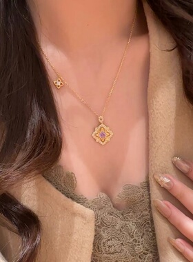 S925纯银项链布契风四叶草紫色玫瑰花切面高碳钻轻奢高端小众级感