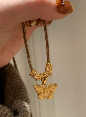 S925纯银项链新中式复古法金蝴蝶盘缠棕绳轻奢高端小众精致锁骨颈