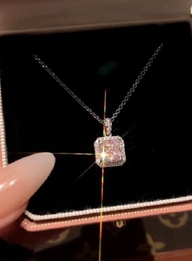 S925纯银项链微镶彩宝石甜美方糖粉钻轻奢高端小众级感百搭锁骨颈