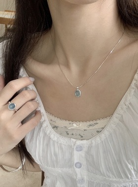 复古椭圆形海蓝色宝石S925纯银项链轻奢小众高端级设计感锁骨颈链