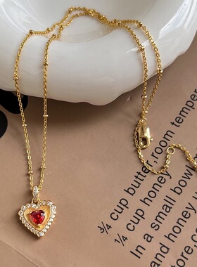 S925纯银项链拉丝工艺爱心形红宝石闪钻轻奢高端小众级设计感颈链