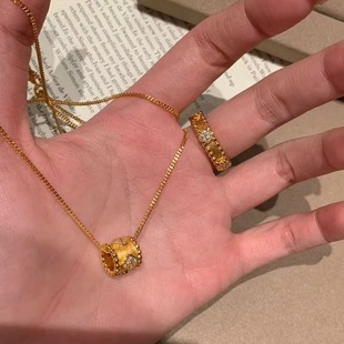 法式四叶草万花筒拉丝纯银项链戒指轻奢小众高端级设计感锁骨颈链