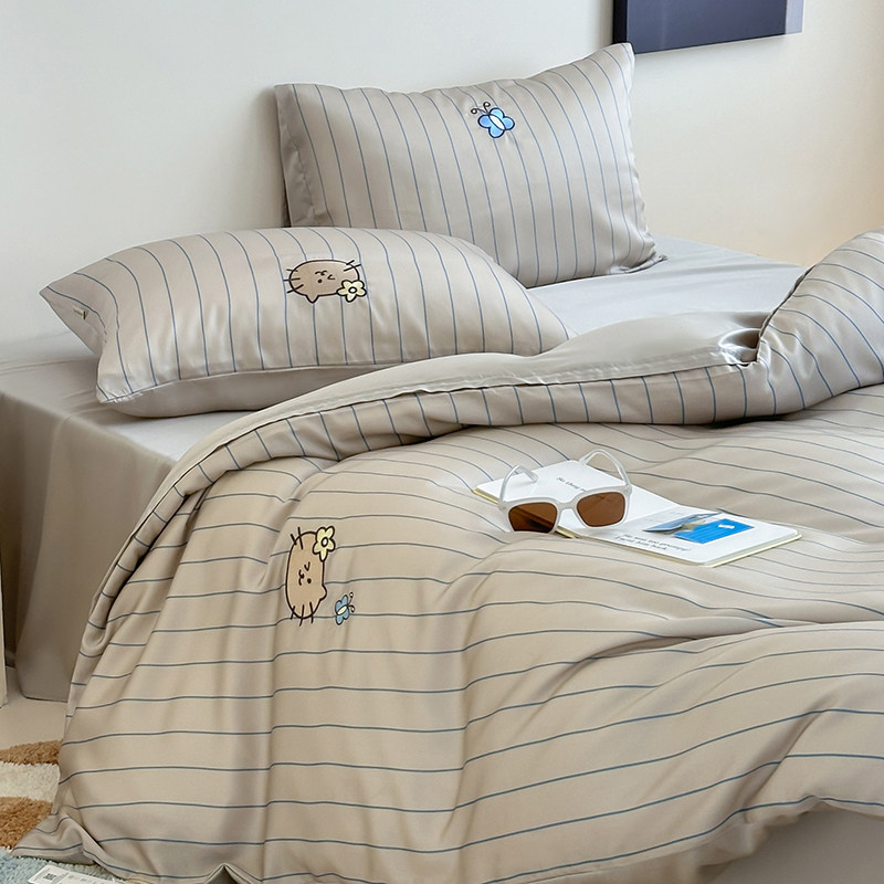 【富山草莓】ins复古条纹蝴蝶小猫咪天丝四件套凉感冰丝床单被套