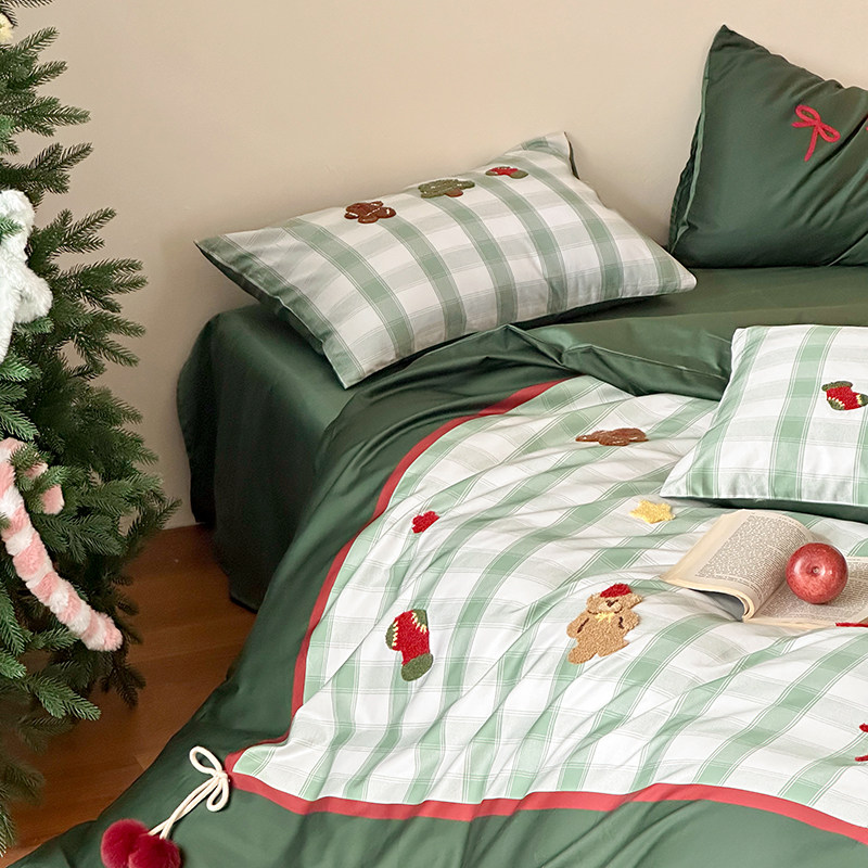 【富山草莓】氛围感绿色圣诞树长绒棉床上四件套全棉纯棉床单被套