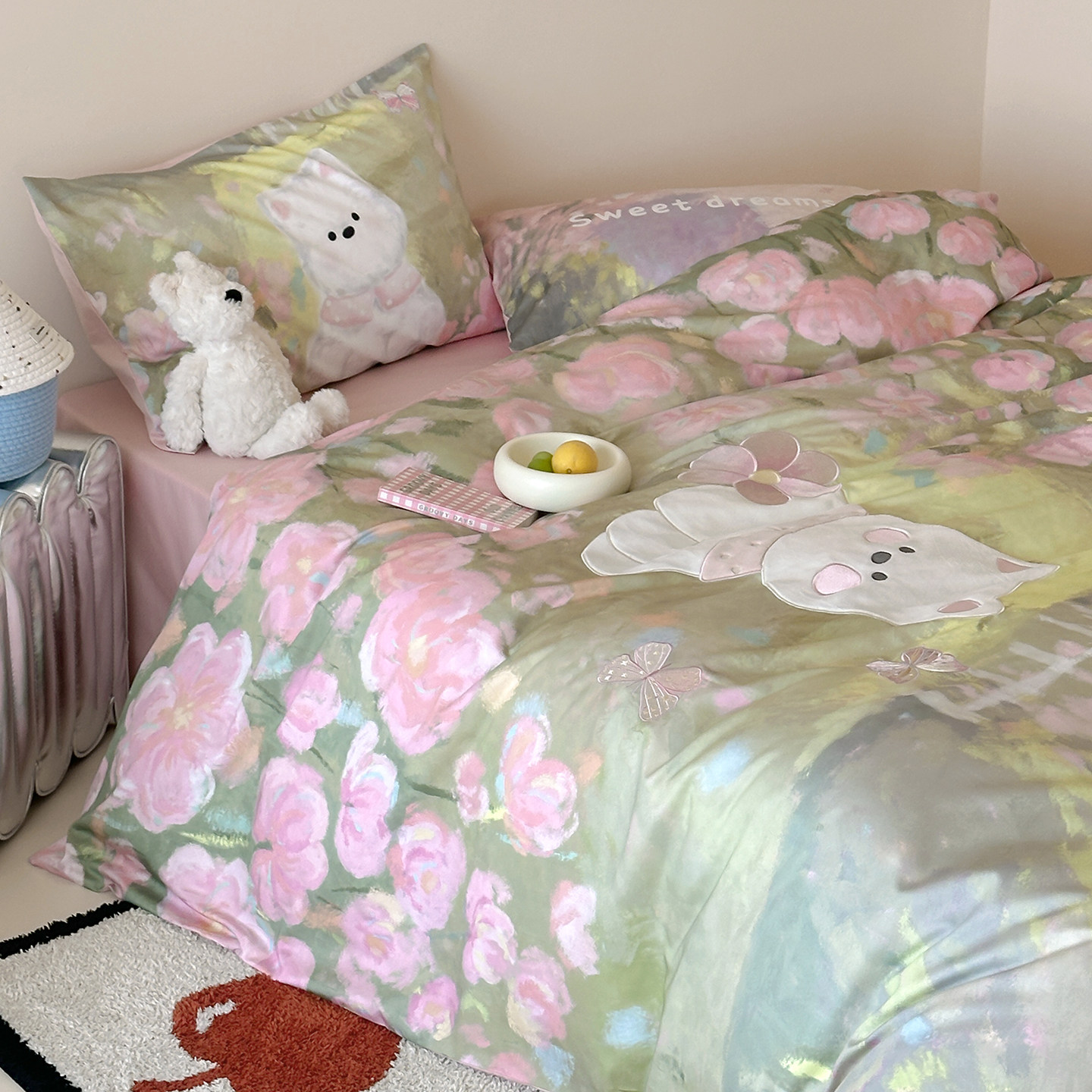 【富山草莓】卡通莫奈花园小狗贡缎长绒棉四件套全棉纯棉床单被套