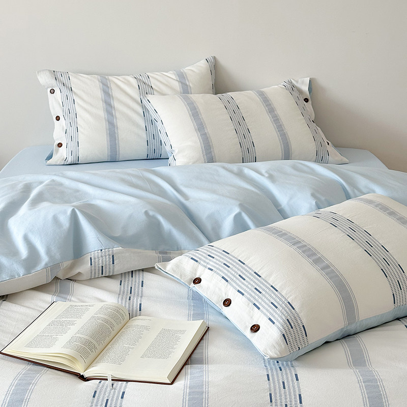 【富山草莓】高级感海盐蓝条纹全棉水洗棉四件套纯棉床单被套床品