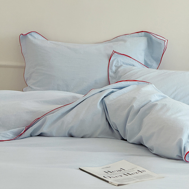 【富山草莓】北欧风蓝色纯色嵌条全棉水洗棉四件套纯棉床单被套