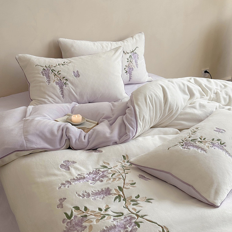 【富山草莓】冬季韩式唯美紫藤花加厚牛奶绒四件套保暖珊瑚绒床品