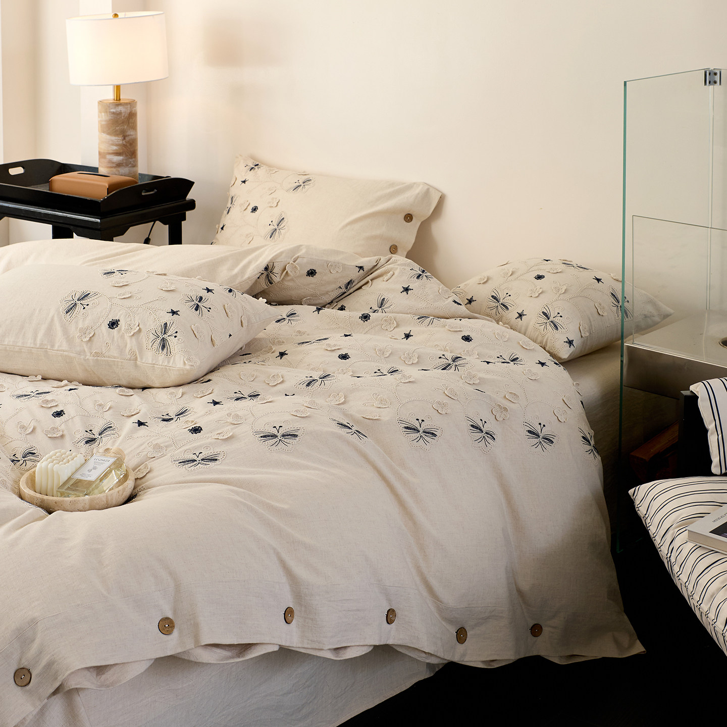 【富山草莓】高级感复古铃兰蝴蝶棉麻四件套裸睡亚麻刺绣被套床单