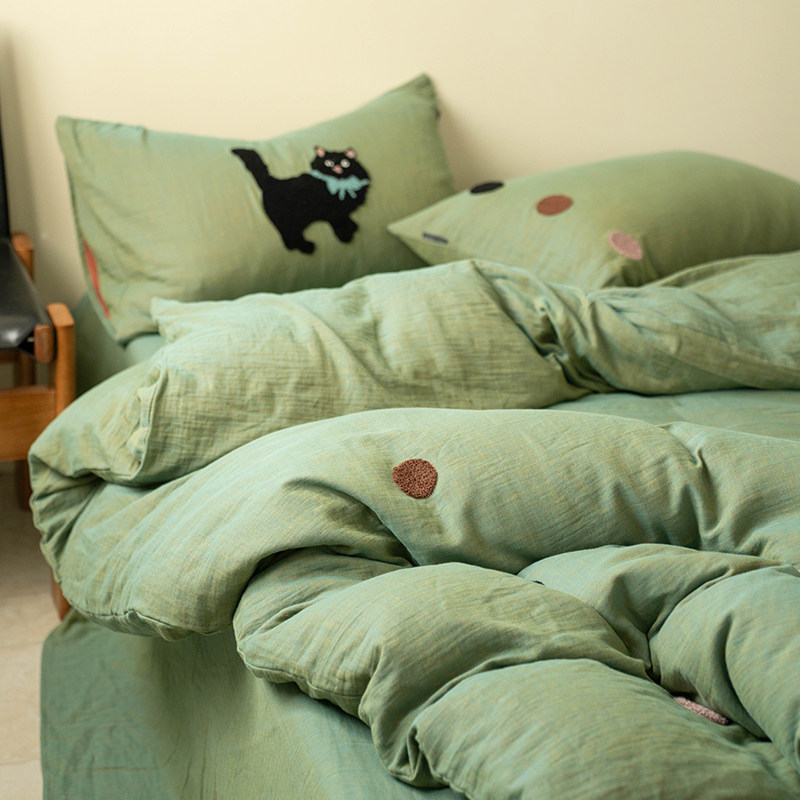 【富山草莓】卡通泡芙奶油绿波点猫全棉双层纱四件套儿童纯棉床单