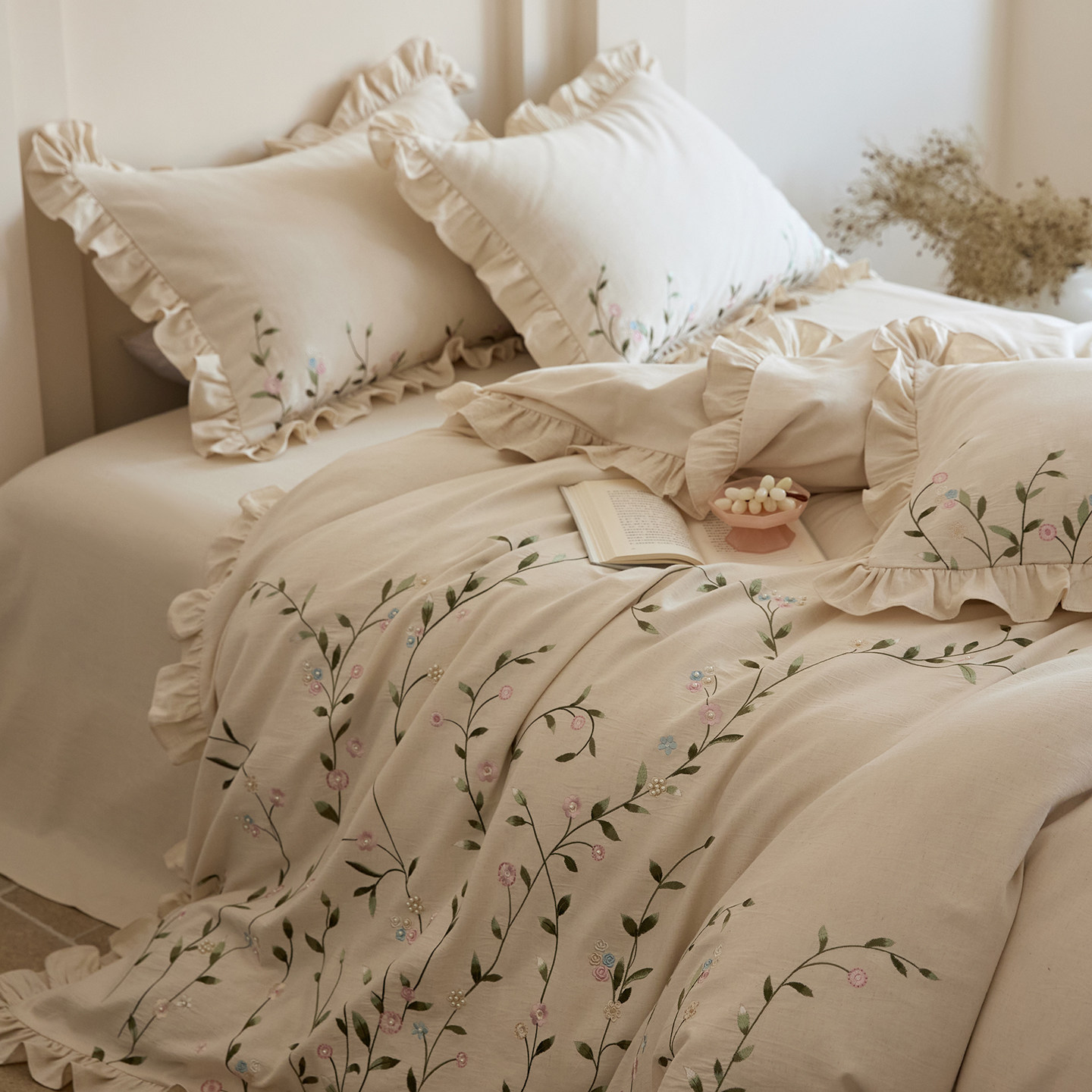 【富山草莓】高端法式复古琼枝玉叶棉麻四件套亚麻荷叶边被套床单