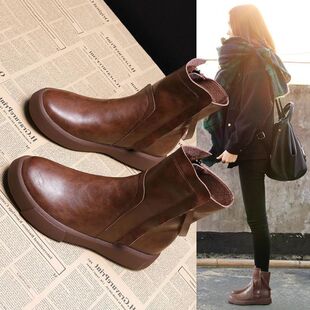 秋冬季大码真皮马丁靴女款棕色厚底圆头中筒靴英伦百搭加绒短靴子