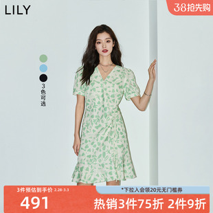 LILY2024夏新款女装复古泡泡袖浪漫抽绳印花中长款连衣裙小个子女