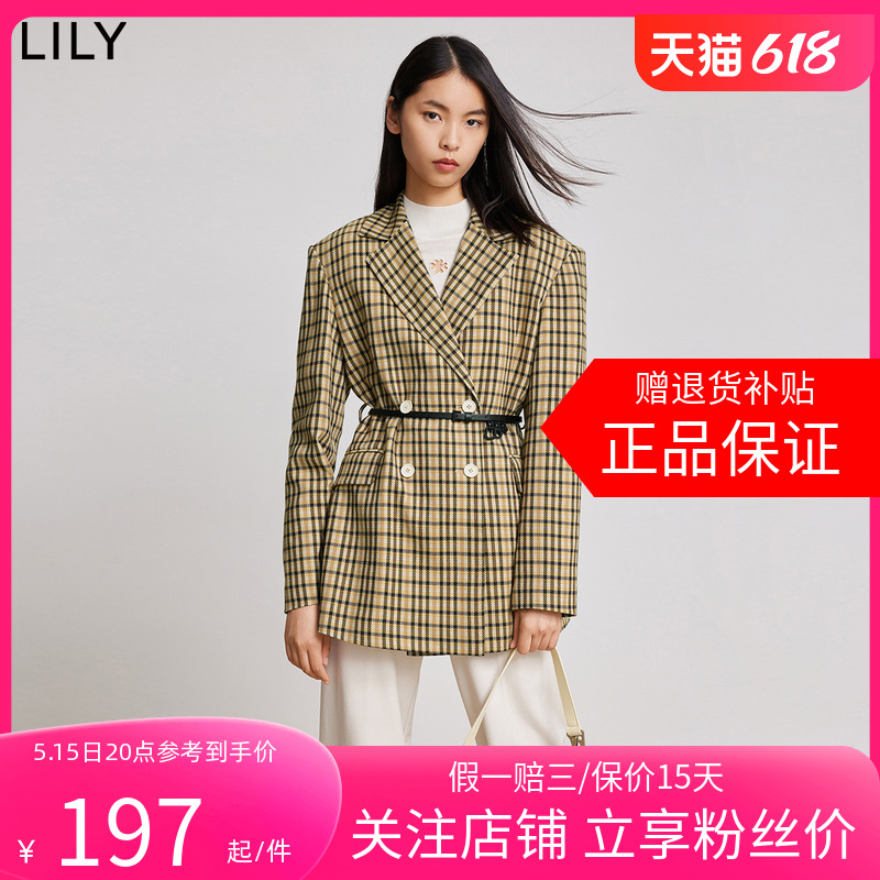 【商场同款】LILY2024春新款女装复古英伦格纹腰带款修身西装外套