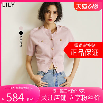 【商场同款】LILY2024夏新款女装复古小香风修身短款短袖针织开衫