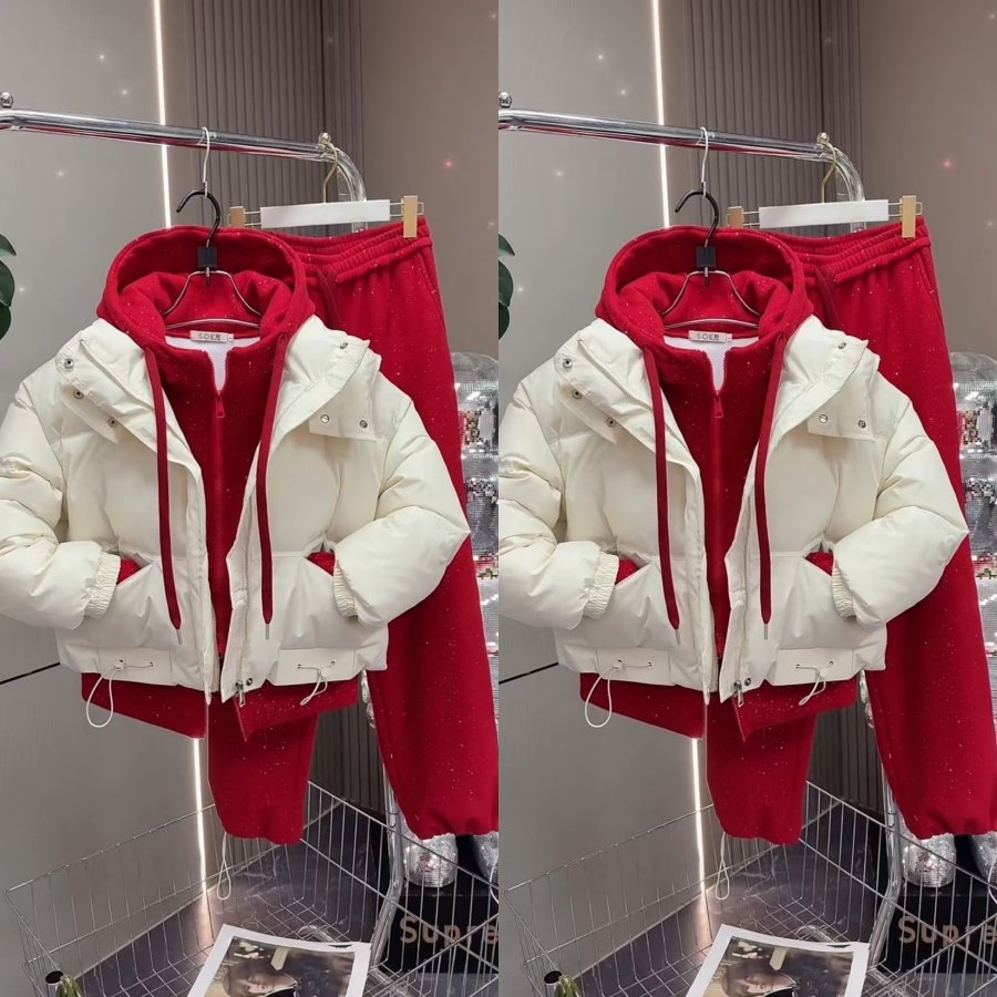 时尚糖果色加厚棉服休闲套装冬新款面包服外套阔腿裤搭配新年战袍