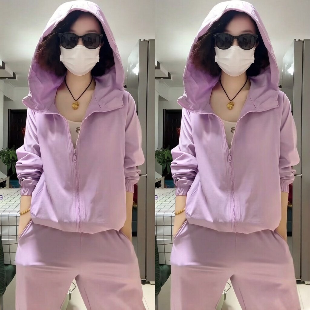 休闲糖果色防晒速干套装2025夏季新款时尚百搭旅游连帽外套抽脚裤