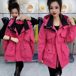 连帽显瘦薄棉派克服女 中长款 时尚 抽绳二棉冲锋衣外套2025秋冬新款
