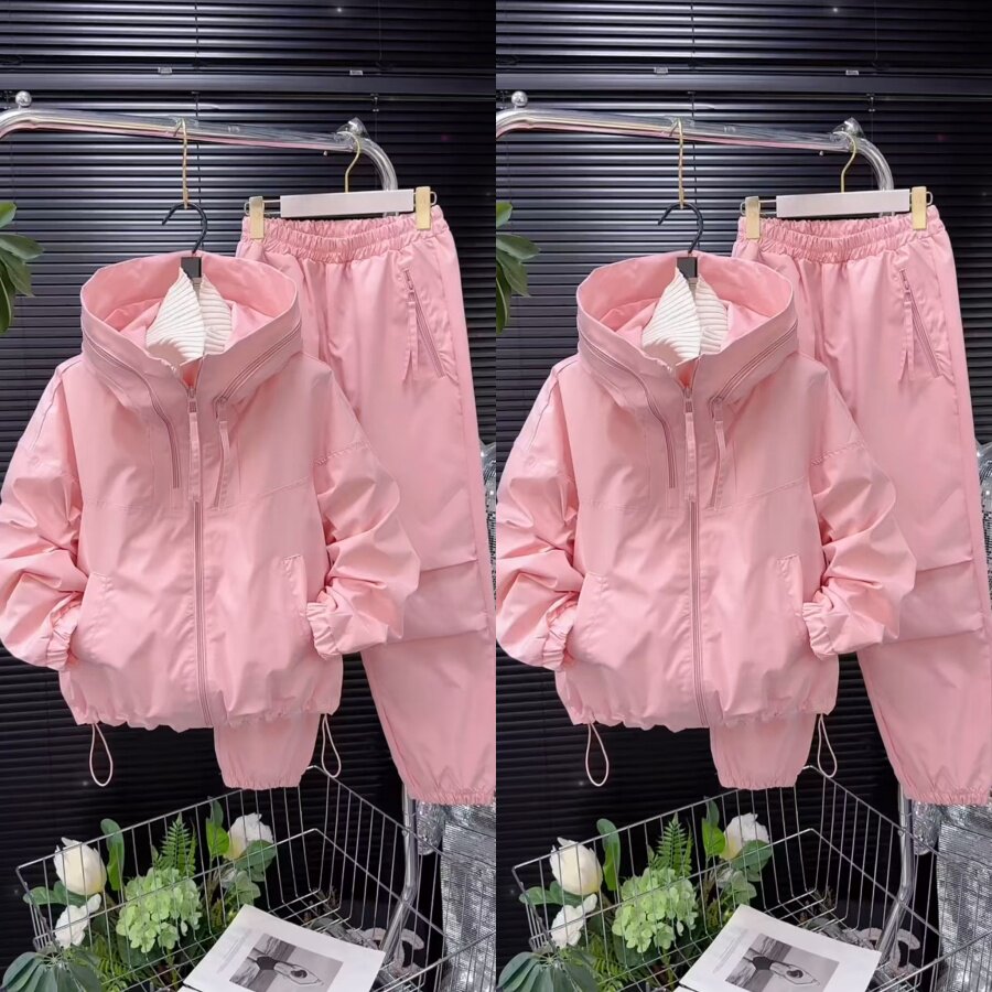 糖果色休闲工装风外套长裤套装2026春新款拉链连帽外套束脚裤户外