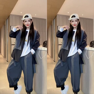 超酷个性高品质假两件外套哈伦裤套装春秋新款休闲宽松拼接两件套