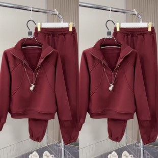 糖果色加绒运动套装2025秋冬新款百搭休闲半拉链卫衣束脚裤两件套