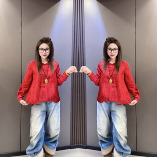 新中式国风盘扣提花不规则下摆上衣2026早春新款宽松遮肉时尚T恤