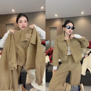 欧货条绒夹克外套弯刀裤套装春新款薄棉上衣时尚洋气欧美风两件套