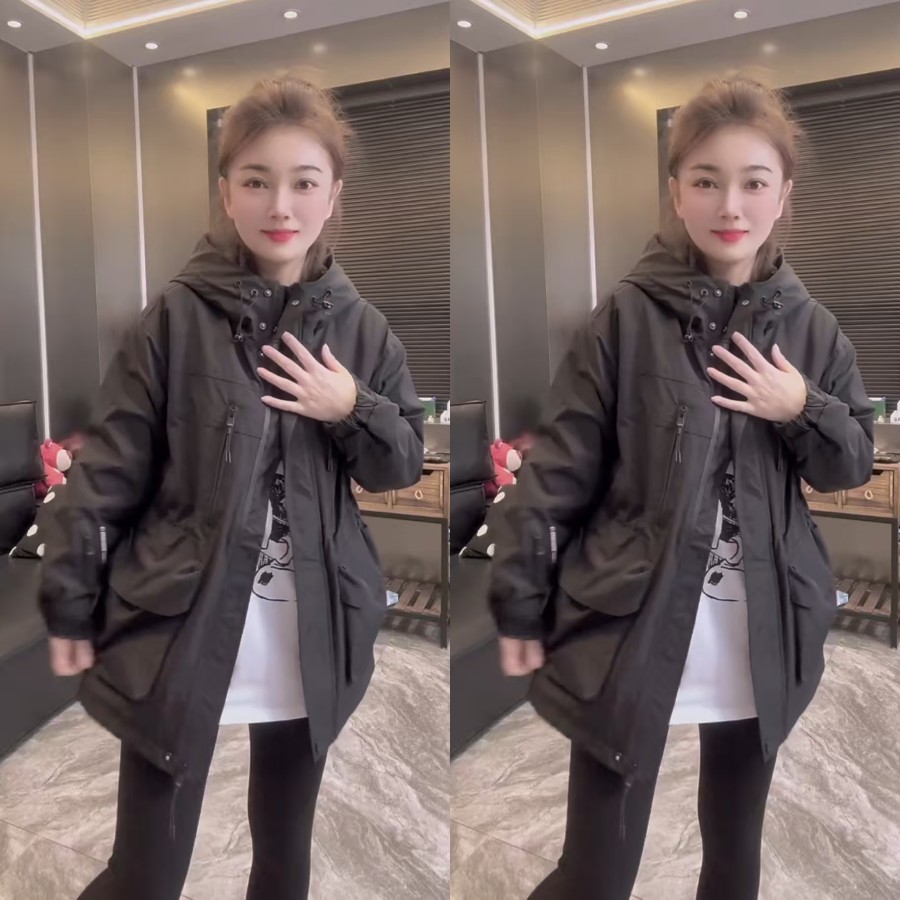 时尚休闲大兜中长款冲锋衣2025秋冬新款抽腰显瘦派克服薄棉外套女