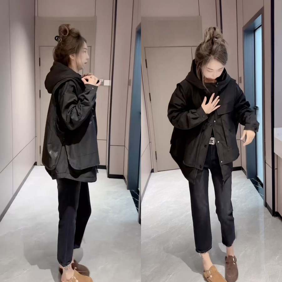假两件叠穿二棉连帽冲锋衣外套女
