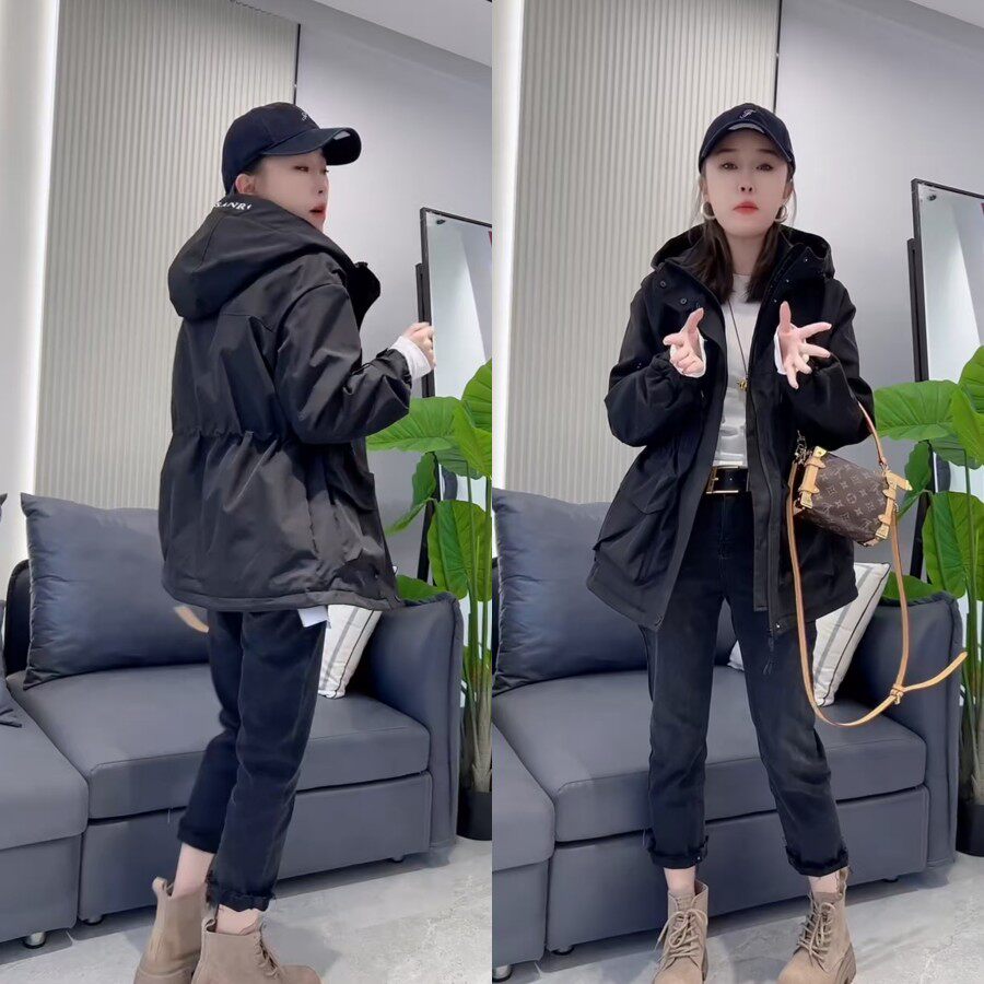 袖拉链大兜拉链薄棉冲锋衣2025秋冬新款休闲显瘦抽绳中长款外套女