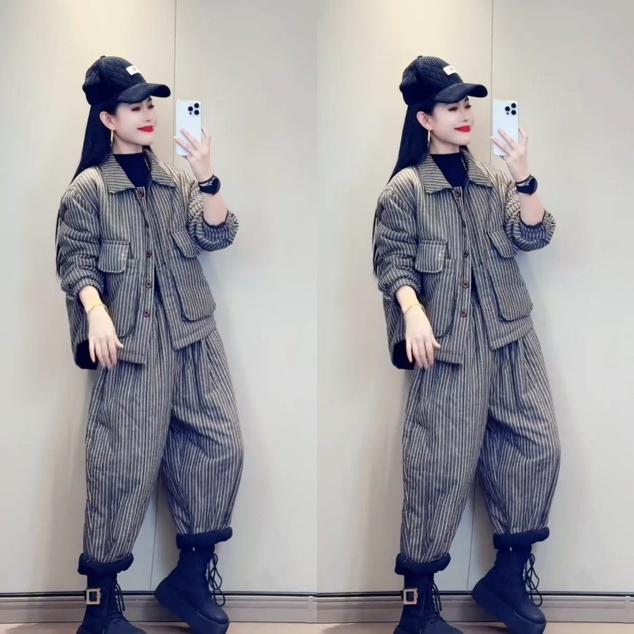 欧货麻条棉衣棉裤套装2025冬季新款休闲宽松外套哈伦裤个性两件套,女装/女士精品,休闲运动套装,淘宝优惠券,粉丝福利购,淘宝优惠卷