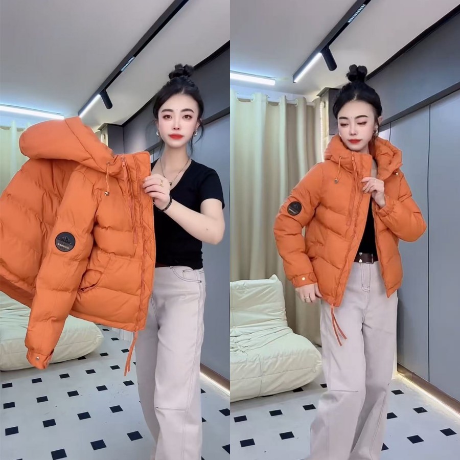 欧货时尚袖标连帽抽绳双拉链棉服