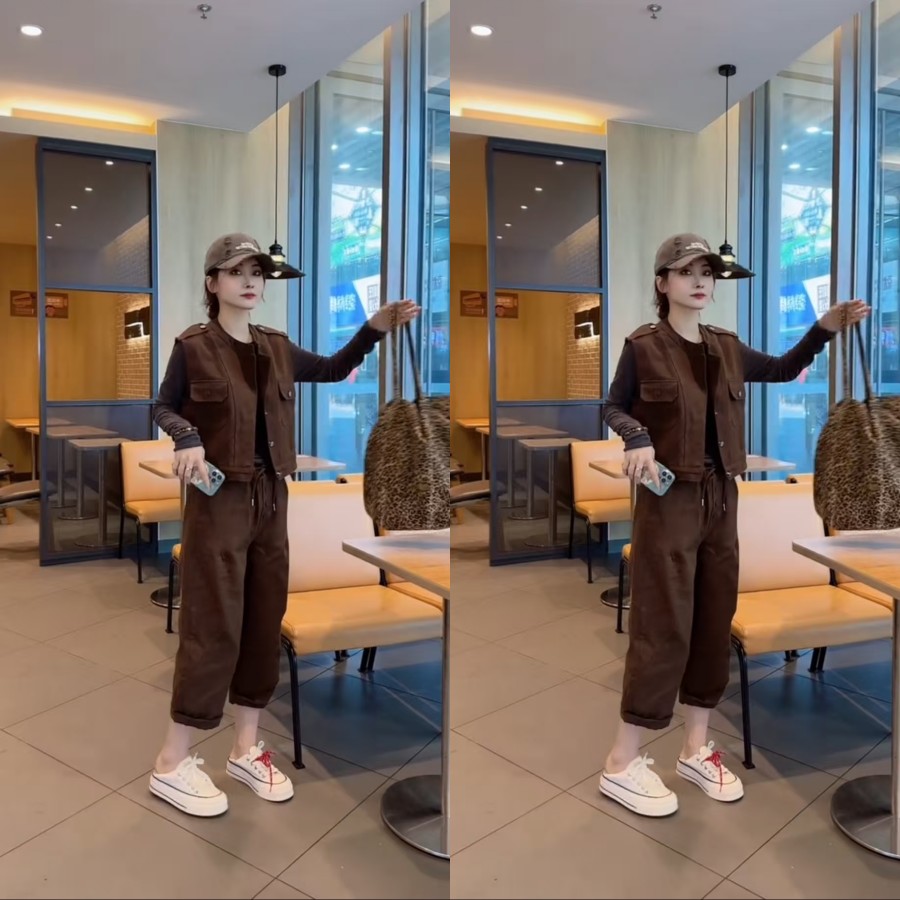 欧货美拉德牛仔马甲八分裤套装秋