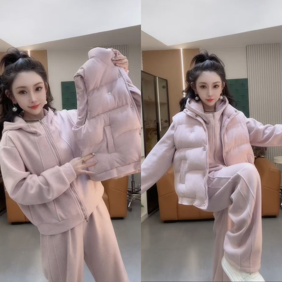 加绒连帽外套棉马甲阔腿裤三件套