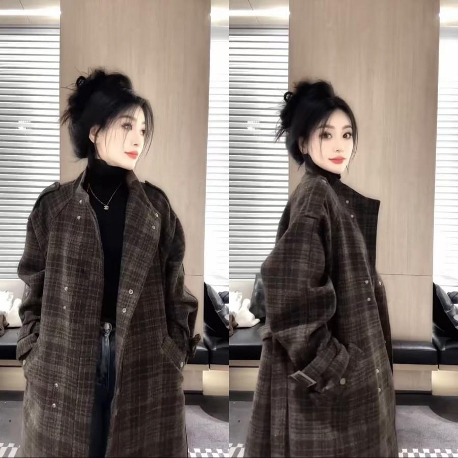 欧货潮牌时尚格子双排扣立领大衣