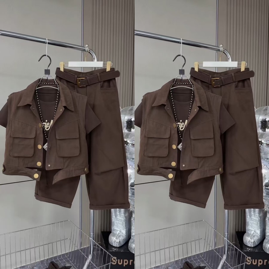 欧货多兜牛仔马甲八分裤套装秋女