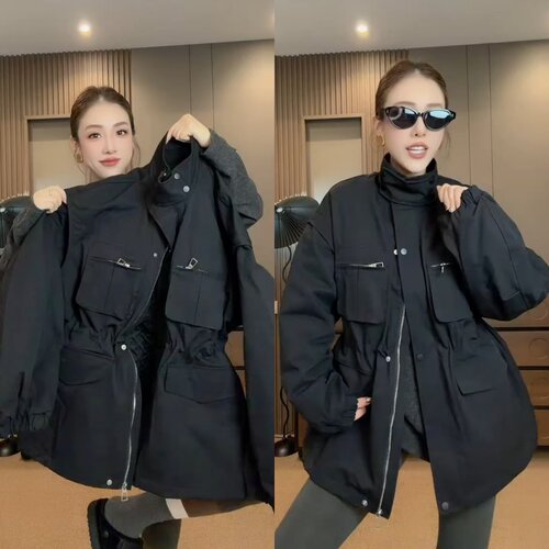 多口袋抽腰立领二棉派克服外套秋