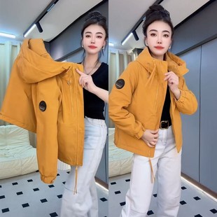 欧货洋气纯色小圆标连帽双拉链夹棉外套2025秋季 保暖冲锋衣女 新款
