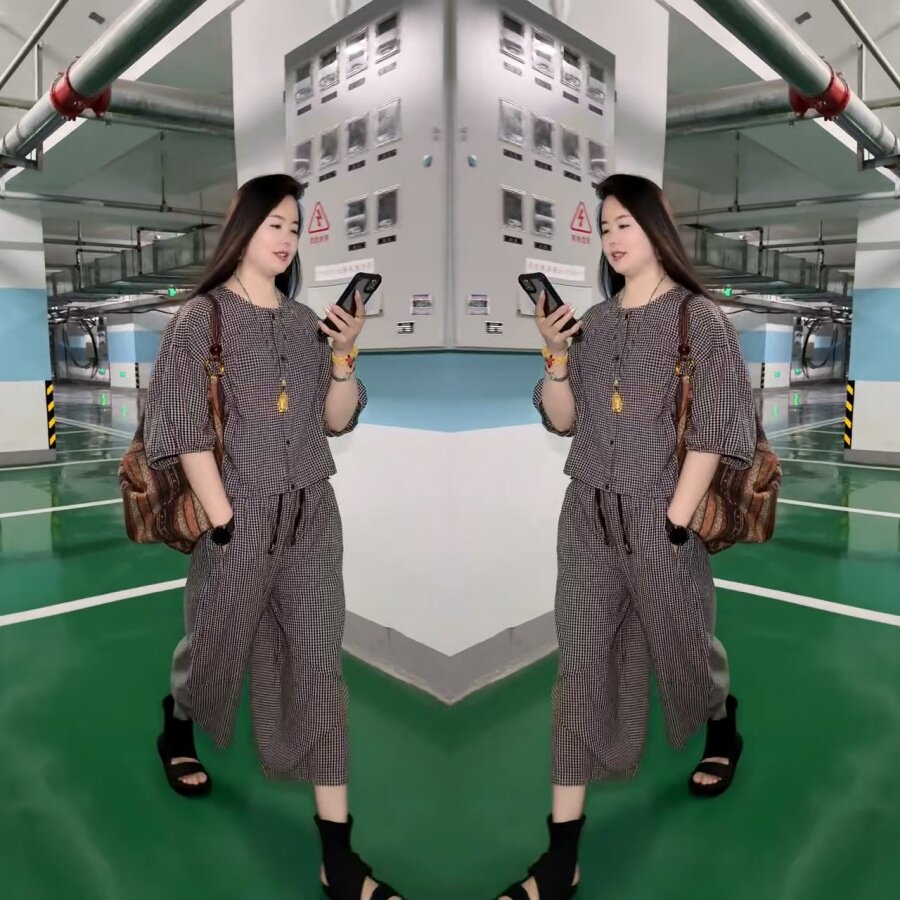 休闲宽松格子短袖灯笼裤套装2026夏季新款轻薄透气时尚微胖两件套