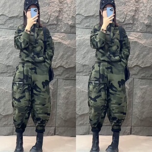 秋冬新款 套装 休闲加厚时髦两件套女 潮牌迷彩蚂蚁腰卫衣哈伦裤 个性
