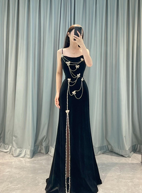 礼服出租黑色吊带晚礼服轻奢小众高级感复古开叉订婚连衣裙年会
