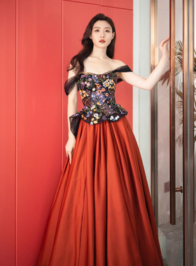 出租时尚复古橙色新娘敬酒晚礼服高端显瘦年会主持表演生日宴会