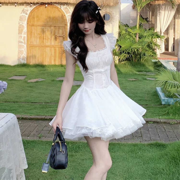 绝美巨好看蓬蓬公主lolita白色连衣裙子女夏季显瘦甜美小飞袖短裙