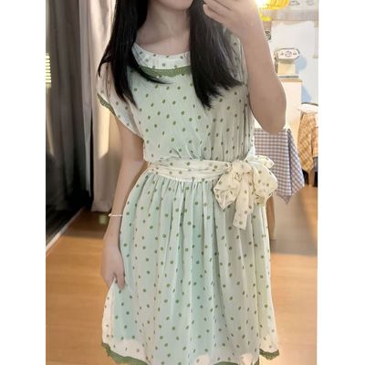 日系小众复古昭和风清新甜美森女风绑带收腰连衣裙夏简约宽松遮肉