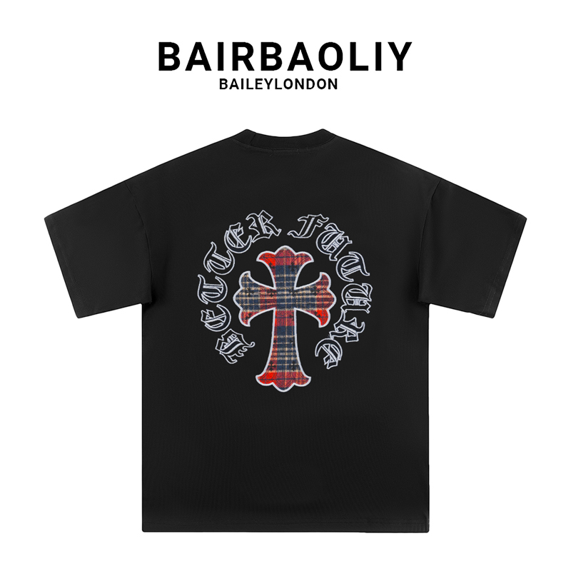 BAIRBAOLIY 2025春夏新款时尚潮牌轻奢美式重磅十字架梵文短袖T恤