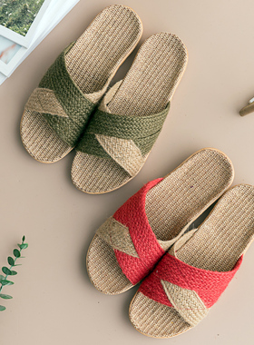 亚麻拖鞋编织草鞋女纯麻草编日本居家四季静音室内复古男麻质凉托